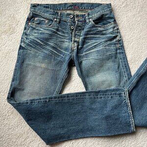 SOLD: KICKING MULE WORKSHOP Indigo Jeans Size W31 x L32 Button Fly Jeans